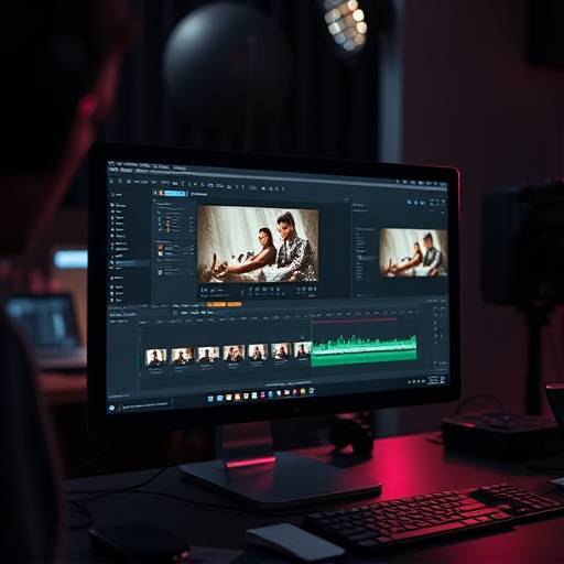 Imagem do curso de ediäão de vídeo, mostrando uma tela de computador com um software de ediäão.