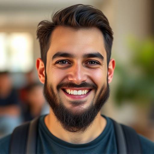 Retrato de João Pereira, um aluno com barba e um sorriso confiante.