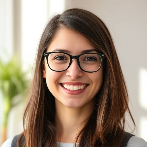 Retrato de Maria Silva, uma aluna sorrindo, com cabelo castanho e óculos.