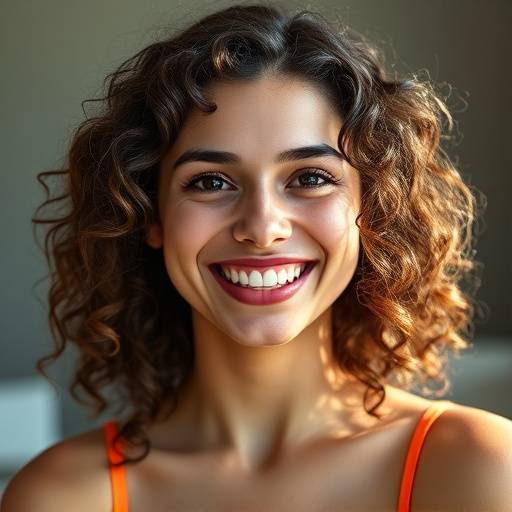 Retrato de Sofia Almeida, uma aluna com um sorriso radiante e cabelo cacheado.